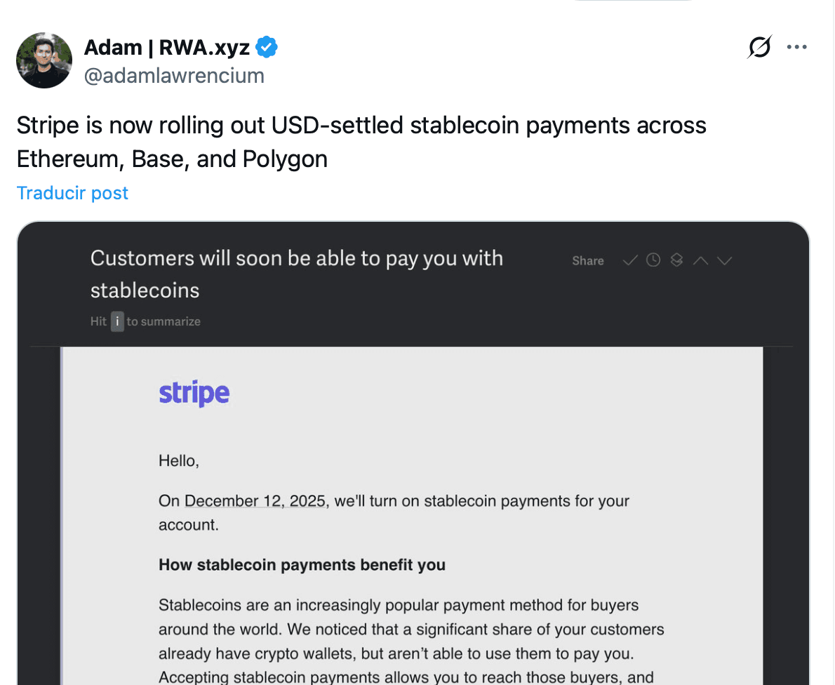 Adam discussing Stripe rolling out USD-settled stablecoin payments
